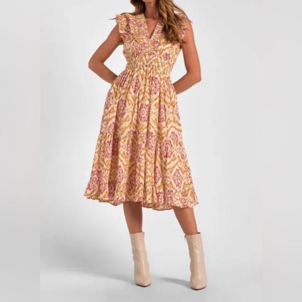 Elan Cotton Floral Midi Sleeveless Ruffle Dress Feminine Boho Country Flirty M